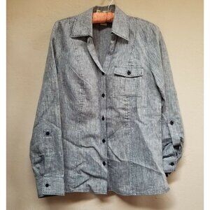 E.COL.O.GIE Women Small Button Up Linen Shirt Roll-Tab Sleeve Blue Casual Pocket